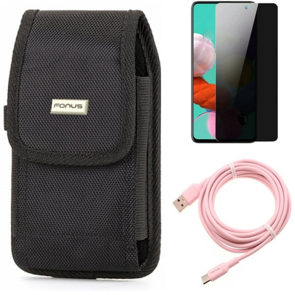 Privacy Screen Protector & Case Belt Clip & 10ft Long USB-C Cable for Samsung Galaxy S20 Fan Edition - Tempered Glass Anti-Spy   Swivel Holster   Pink Charger Cord Combo