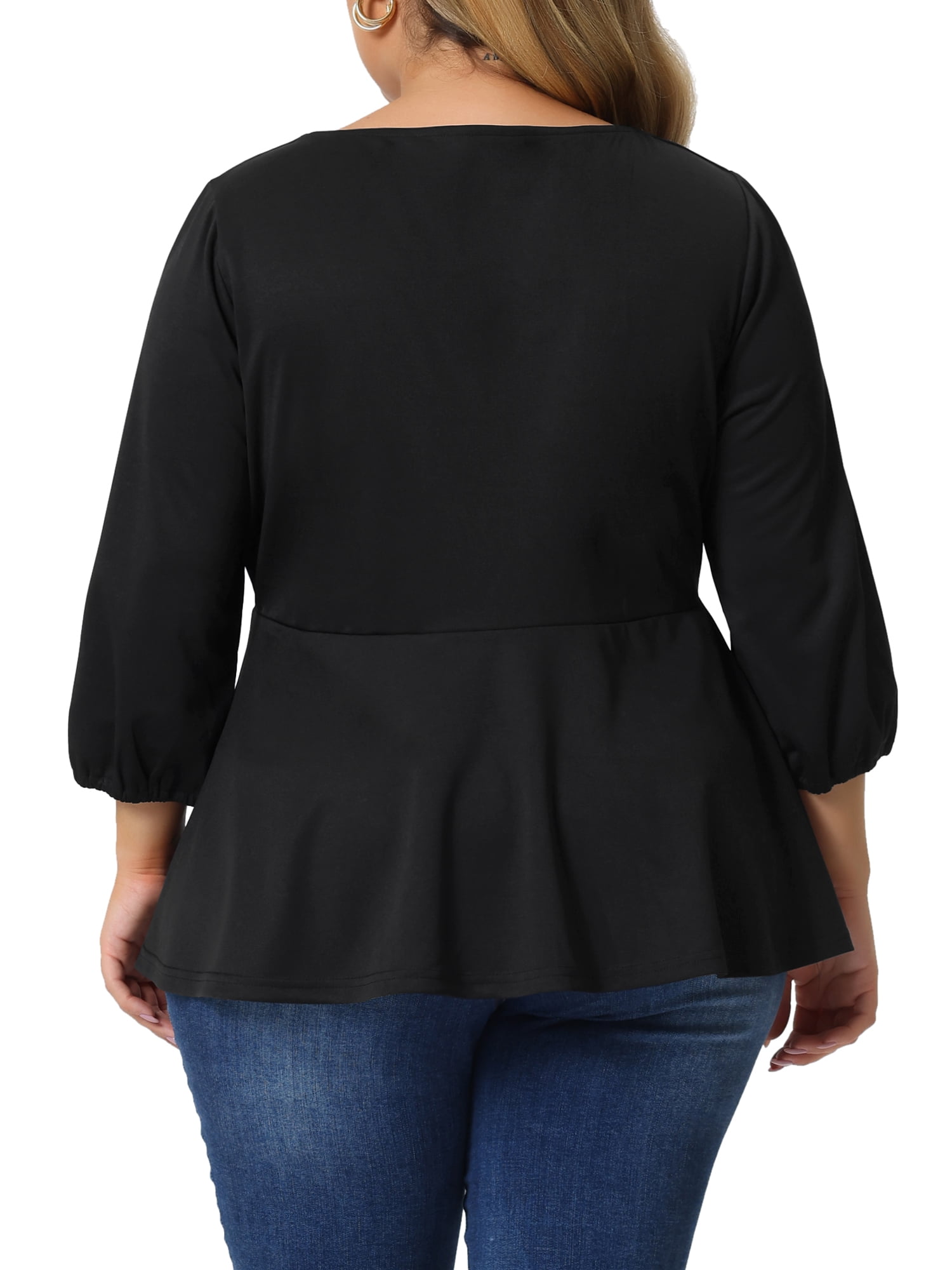 Unique Bargains Women's Plus Size Blouse Sweetheart Neck Elbow Sleeve Peplum Tops 2X Black