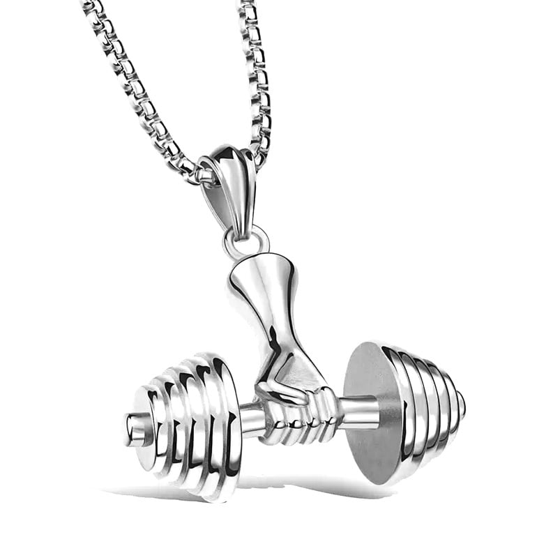 Gym dumbbell necklace silver