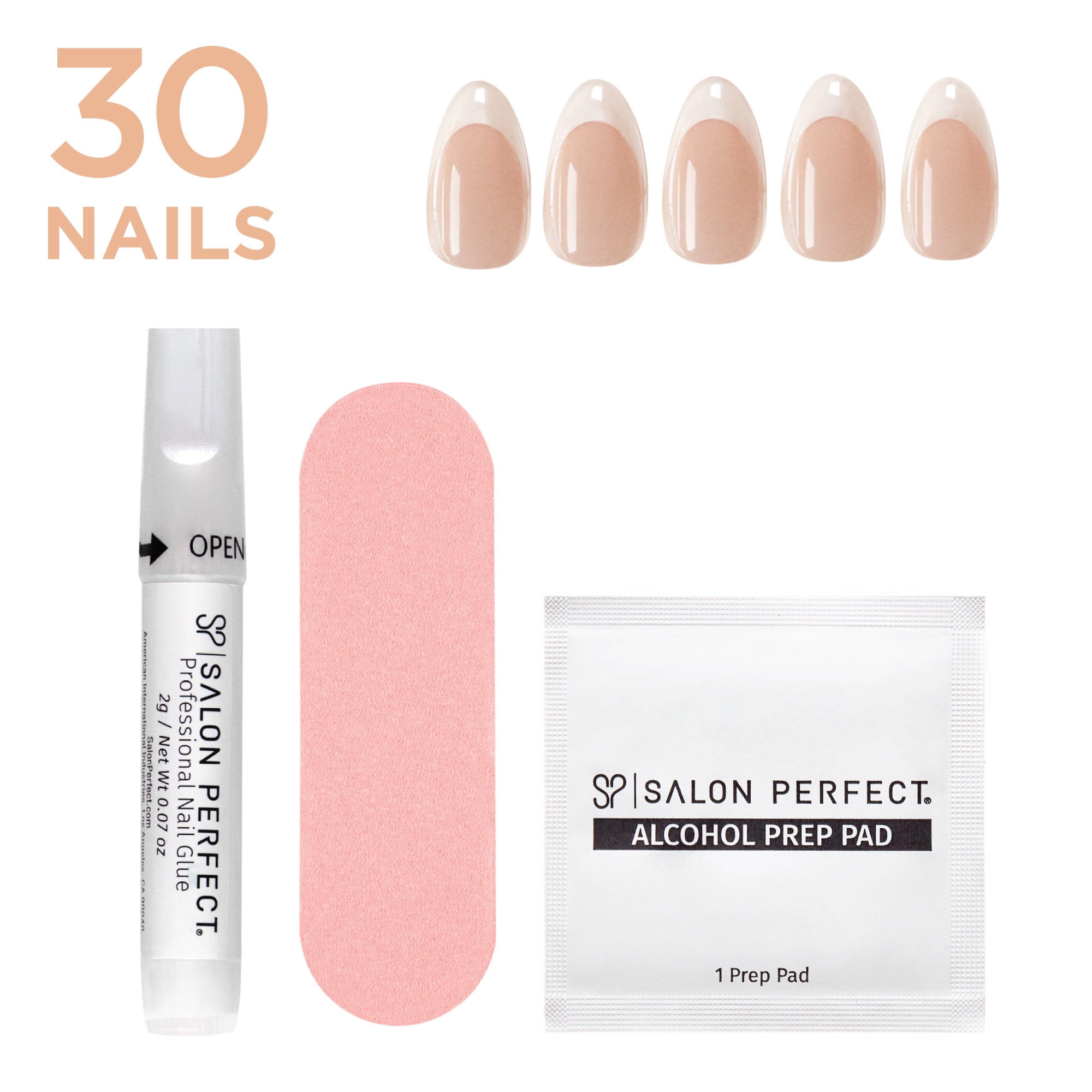Salon Perfect Artificial Fake Press On Nails, 250 Glazed French, Short Almond, File, Glue, and Prep Pad Included, 30 Nails