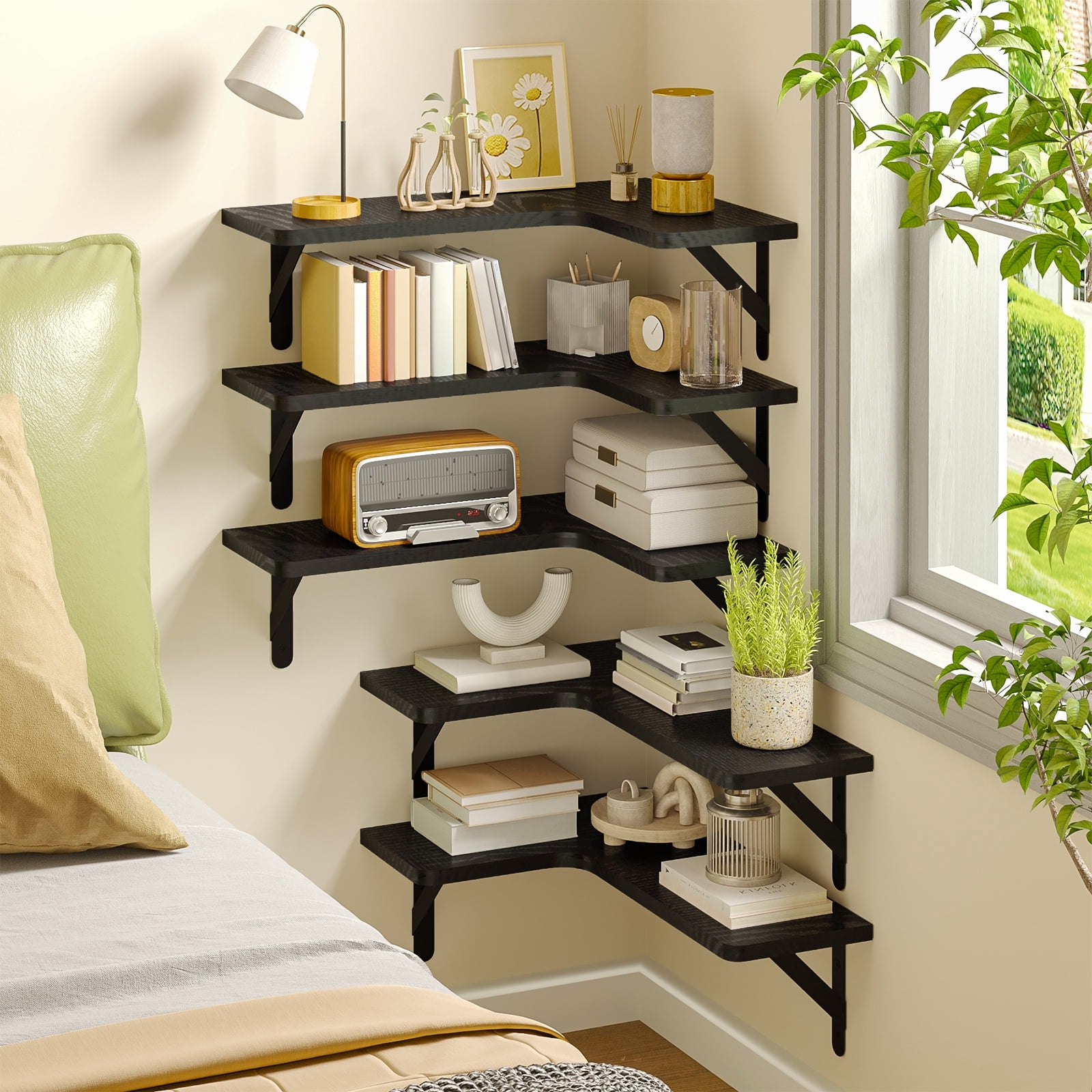 Tomnk Corner Floating Shelves, Set of 5 Rustic Wood Wall Shelves, Black