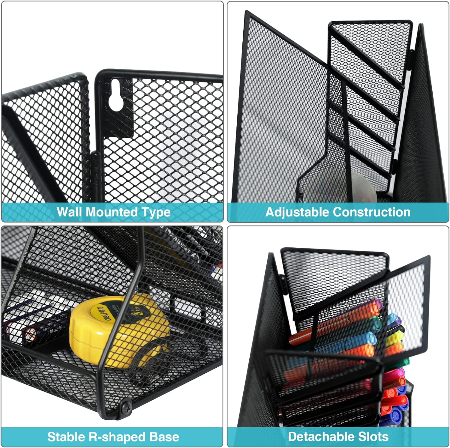 X-COSRACK 4-Tier Wall Mounted File Organizer, Adjustable Metal Mesh Paper Holder with Stable R-Shaped Base, Desktop Hanging Magazine Rack for Home Office & School, Letter Size, Black