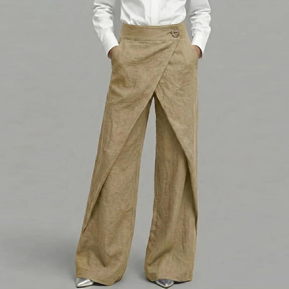 Pants for Women High Elastic High Waisted Button Casual Straight Leg Pants Khaki XL