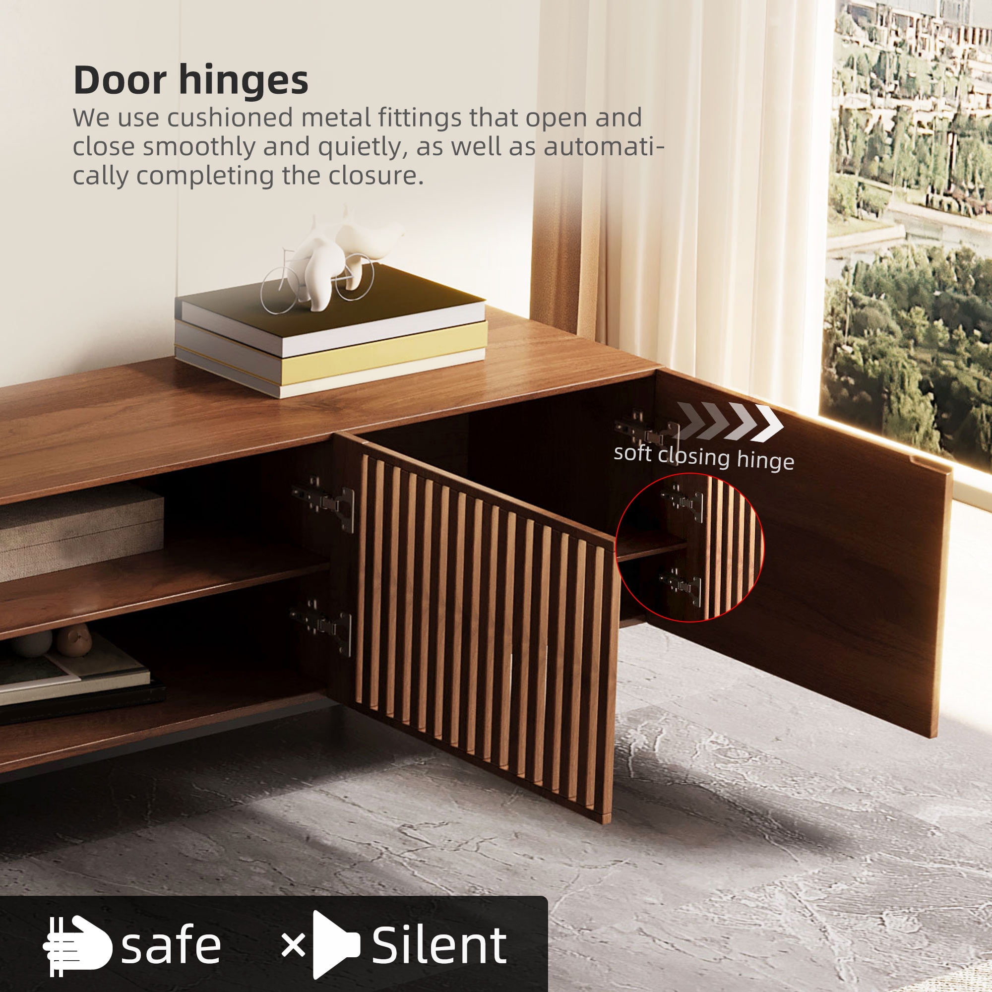 NessCarsti Mid-Century Modern TV Stand for 80+" TVs, 94.48" Walnut Console with Storage, Stylish Entertainment Center for Living Room or Bedroom
