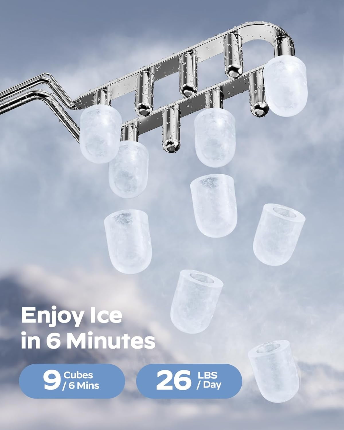 Ice Maker Countertop, 9 Cubes Ready in 6 Mins, 26 lbs per Day, Ice Machine with 2 Ice Sizes and Self-Cleaning, Portable Ice Maker with Handle for Home, Kitchen, Camping, RV, Office, Black