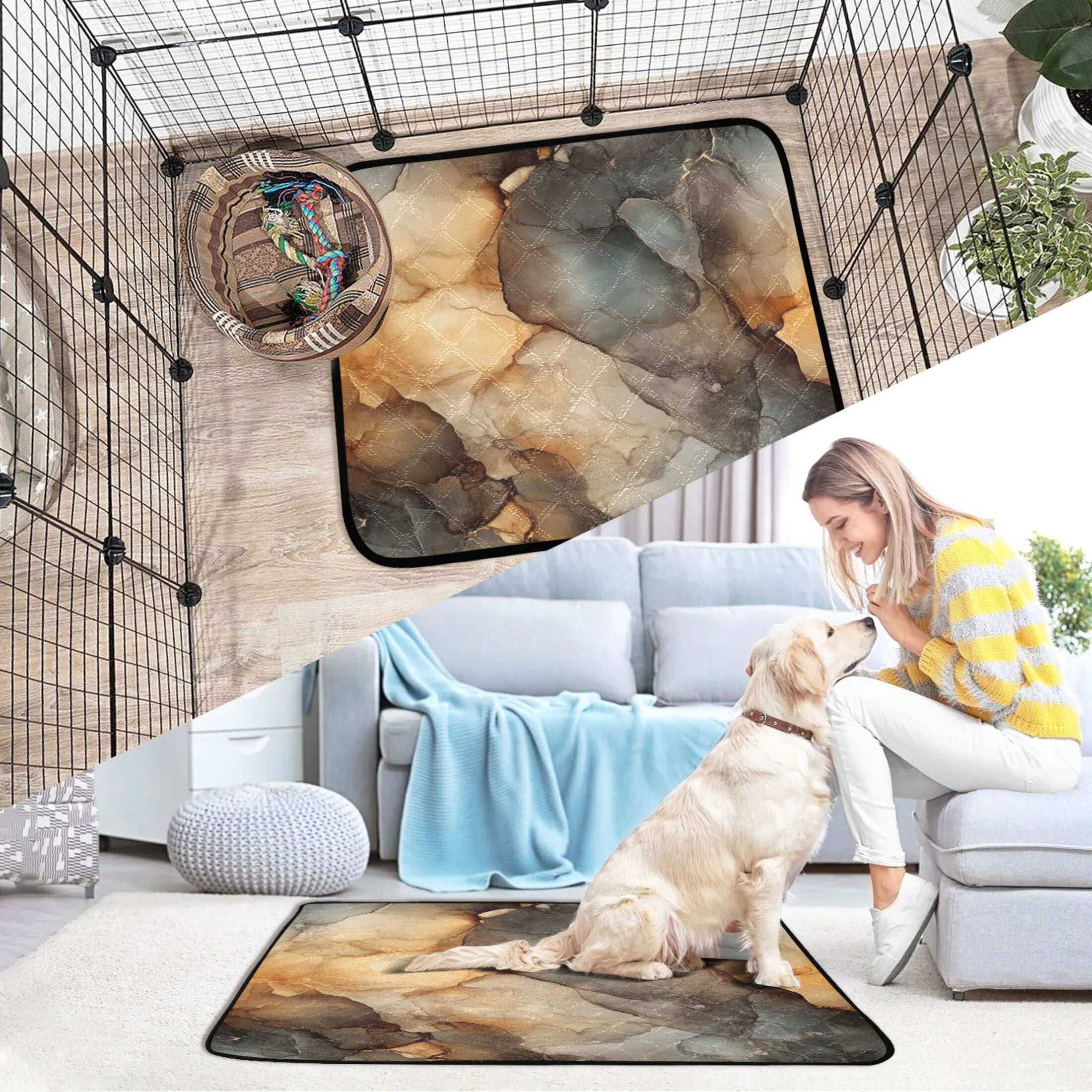 Qxltty Marble Brown Pattern Cat litter Pads Pet Set of 3 Diaper Mats Center Anti-leakage Layer Absorbent Soft and Comfortable