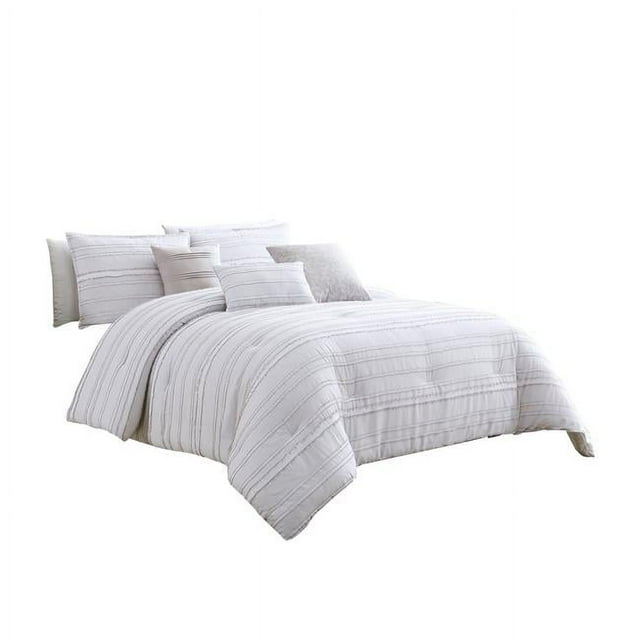 Benjara BM227300 Cotton Comforter Set with Frayed Edges, White & Gray - King Size - 6 Piece