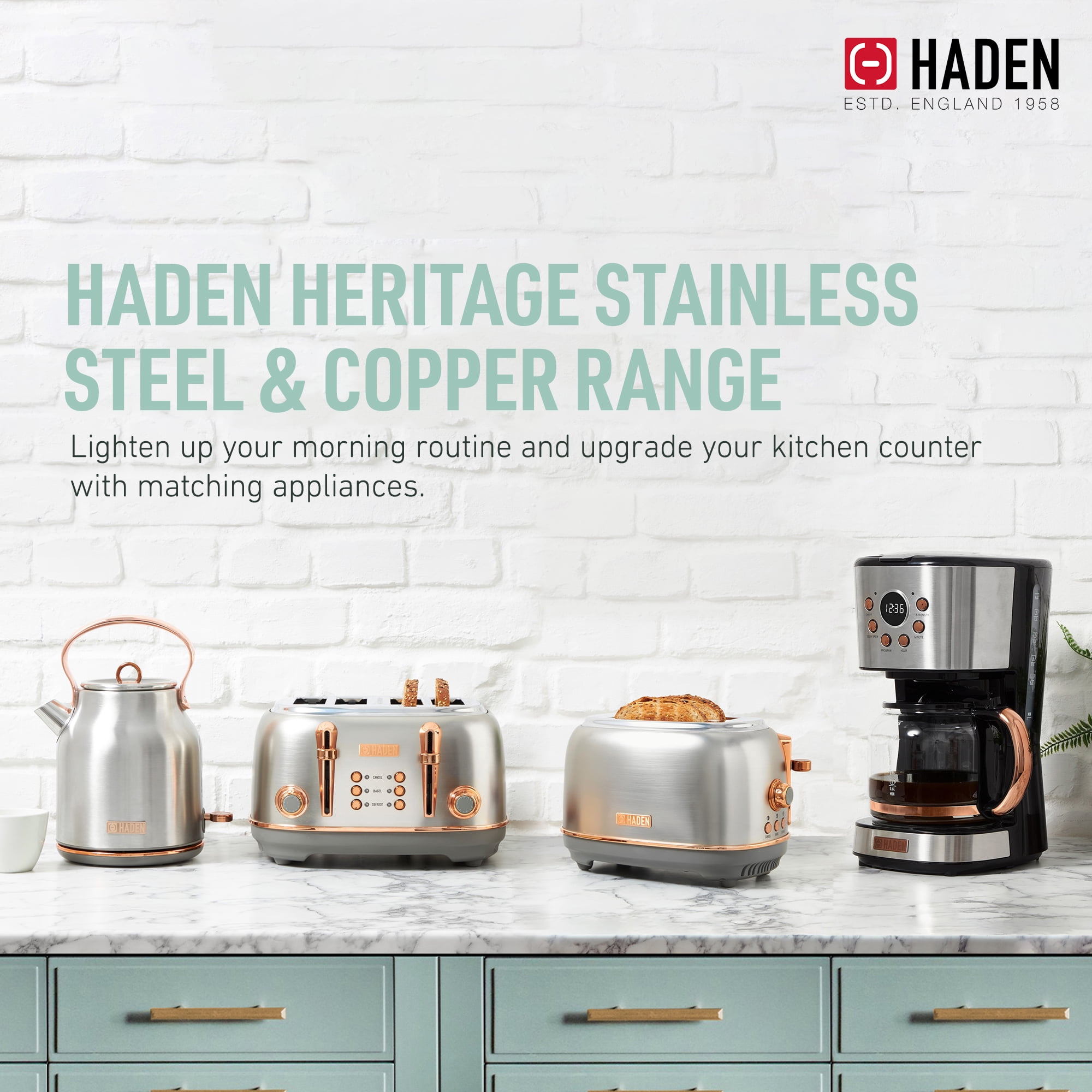 Open Box Haden 2 Slice Wide Slot Toaster w/Removable Crumb Tray, Steel/Copper