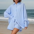 thumbnail image 2 of JIAYUE Women 2 Piece Outfits Sets Solid Color Lapel Long Sleeve Casual Linen Blend Poplin Shirt And Shorts Button Ladies Stylish Clothing Set, 2 of 7
