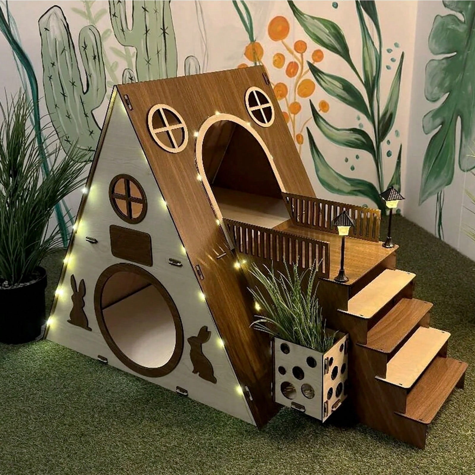 Large Modern Wooden Rabbit Castle House Hutch - Bunny Hideout Indoor Habitats - Pet 2-Story Home Furniture(Excluding Street Lights)
