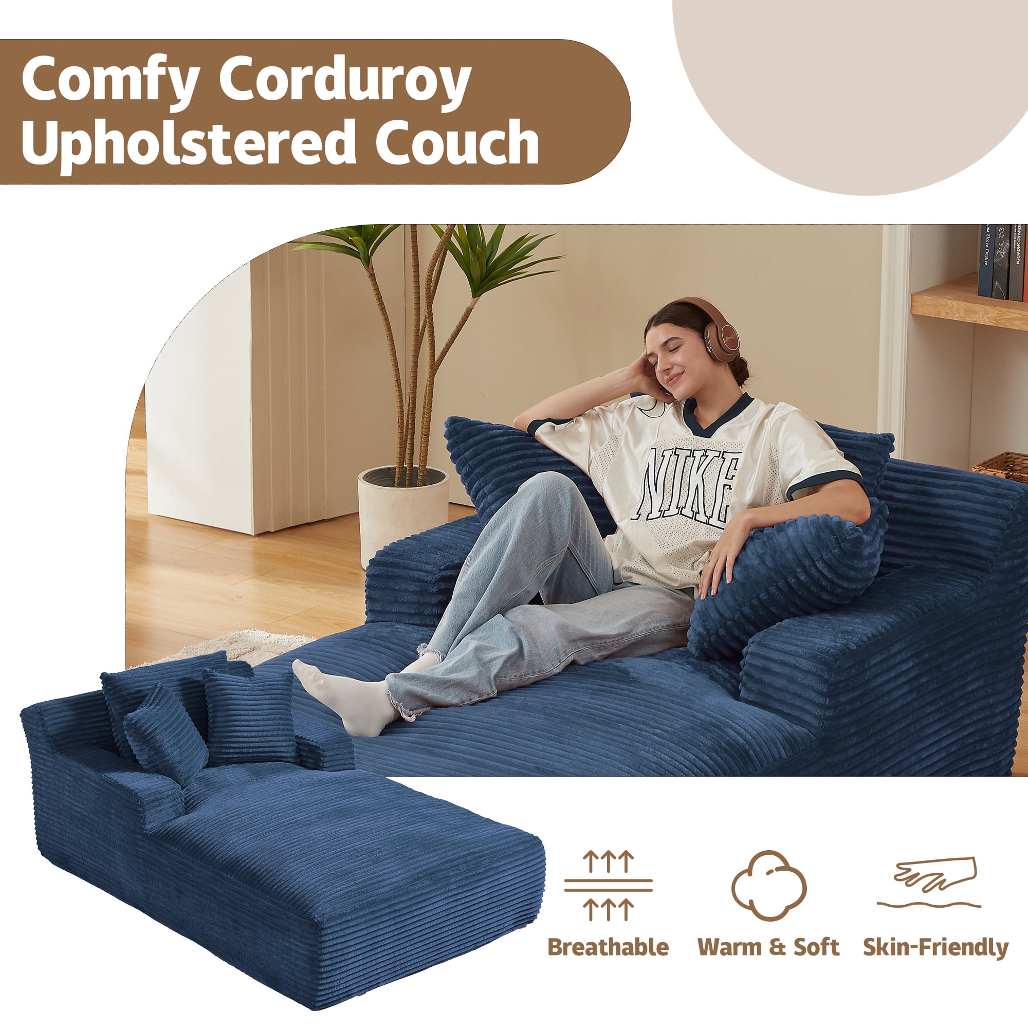 Kosynda Extra-long 79" Chaise Lounge Chair Indoor, Corduroy Upholstered Modern Sofa Couch with Pillows for Living Room, Office, No Assembly Required, Blue