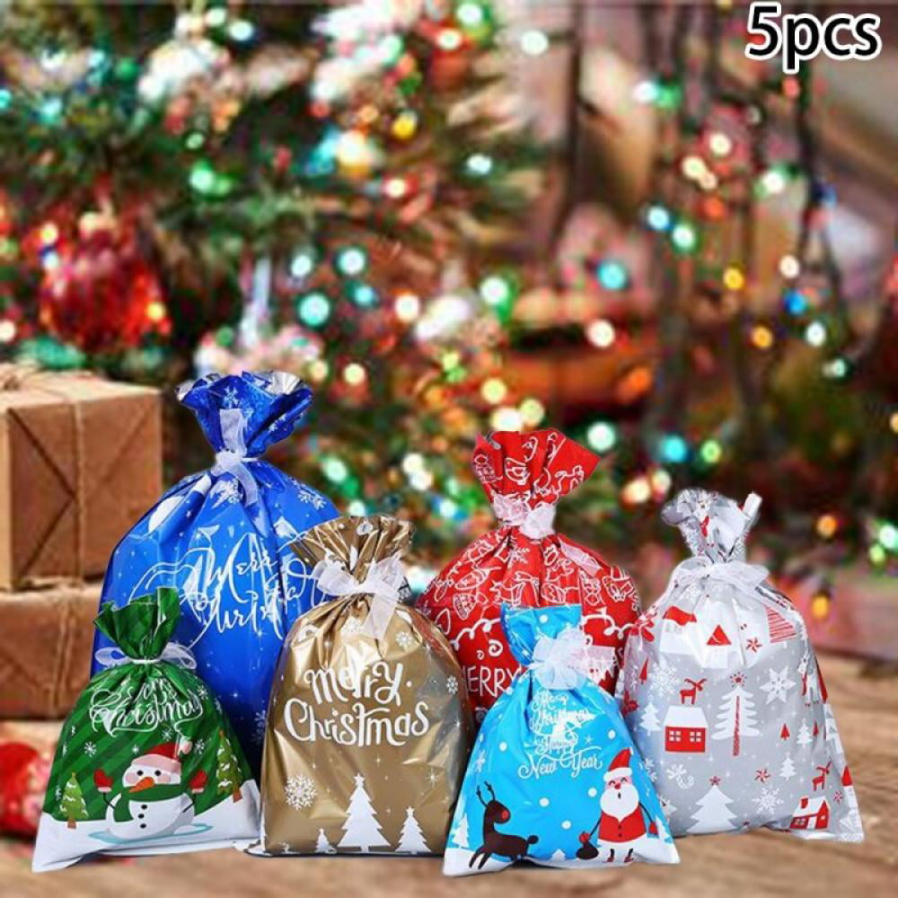 60 Pcs Colorful Christmas Drawstring Gift Bags Merry Christmas Party Treat Bags Gift Wrapping Bags Plastic Candy Bags for Xmas Holiday Party Favors Christmas Wedding Party Decoration 