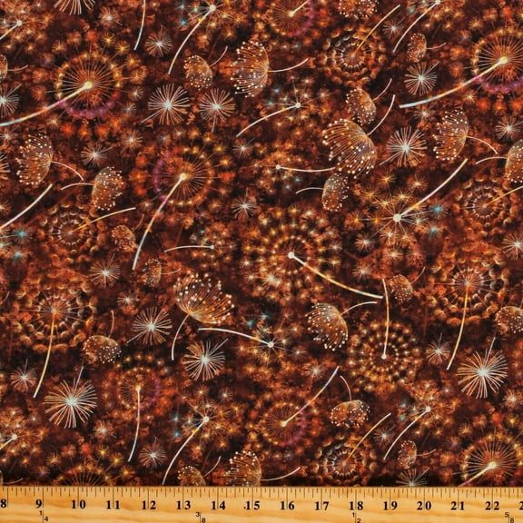 Cotton Flowers Dandelions Plants Pollen Botanica Brown Cotton Fabric Print by the Yard (1649-27410-A)