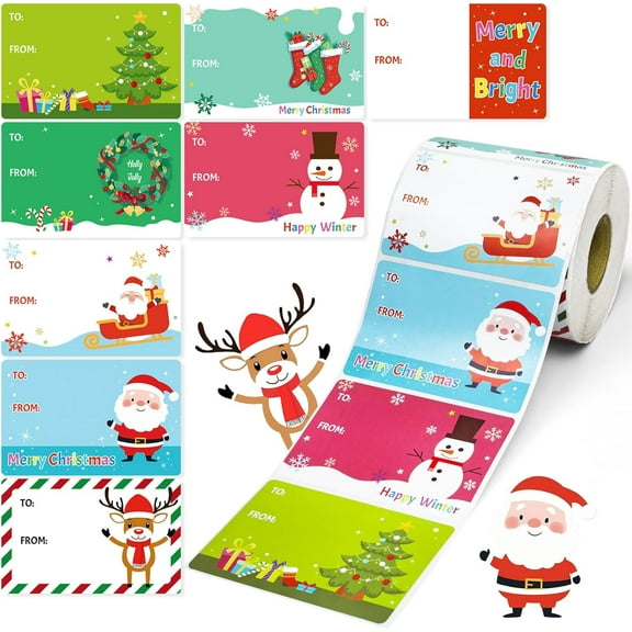 Pekkaxy 500 PCS Christmas Gift Tags, Self Adhesive Santa Claus Stickers, Festive Holiday Name Labels for Wrapping Paper Presents Decor, 8 Designs