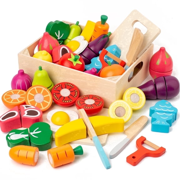 BUSY EDITION Wooden Play Food Set, 32 Pieces, Montessori Pretend Kitchen Toys for Toddlers Ages 3