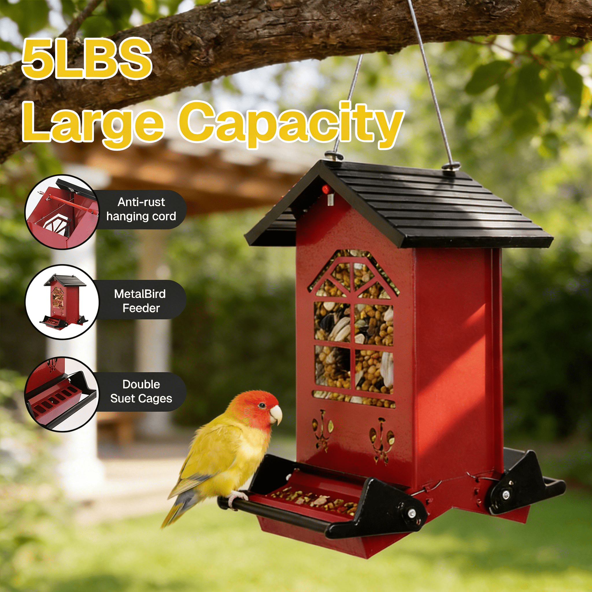 BN-LINK Bird Feeder Squirrel Proof,Hanging Bird Feeder with 2 Ports,Metal Wild Bird feeder for Outdoor Garden Yard Decor,Red