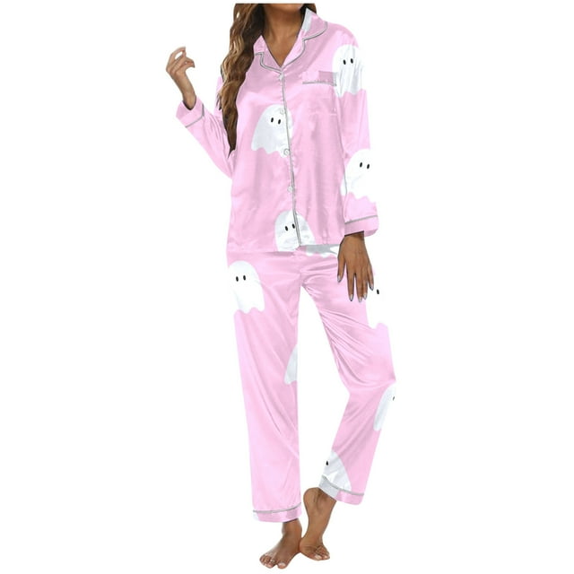 Pyjama d'Halloween pour Femmes, Ensemble 2 Pcs, Pyjamas des Fêtes, Chandails à Manches Longues et Pantalons, Graphique de Fantômes, Saison Effrayante, Tenue de Nuit