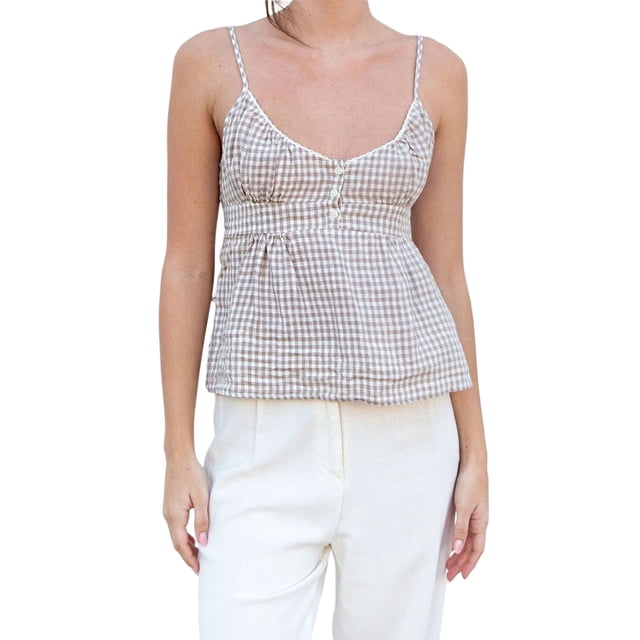 Txlixc Camisola casual de verano para mujer, sin mangas, cuello en V profundo, dobladillo con volantes, chaleco Txlixc Casual