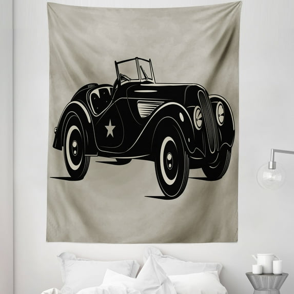Vintage Tapestry, Classic Italian Model Nostalgic Car 50's Star Sign Pop Art Hobby Old-Fashion Image, Fabric Wall Hanging Decor for Bedroom Living Room Dorm, 5 Sizes, Brown Black, by Ambesonne