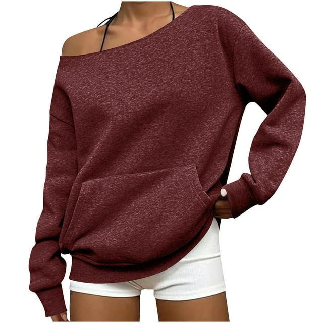Ailaofu Womens Oversized Sweatshirt with Pocket Y2k Loose Comedy Off the Shoulder Tops Fall Fashion Fleece Pullover Sweaters