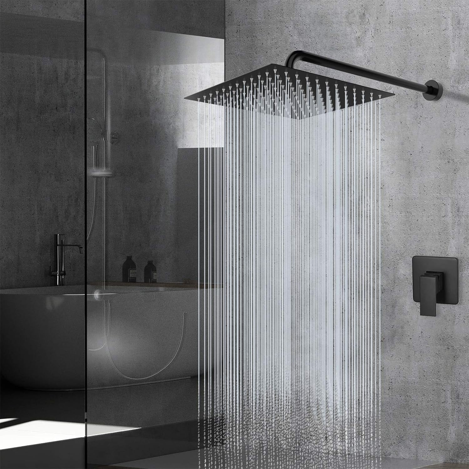 16 Inch Oversize Stainless Steel Rain Shower Head - Matte Black High Pressure Shower Head, Square Rainfall Showerhead - Waterfall Full Body Coverage - Universal Ceiling or Wall Mount