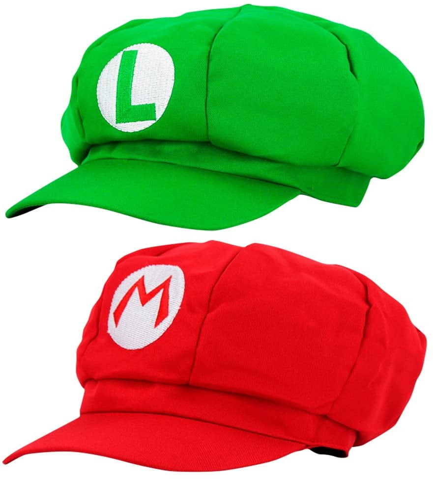 Super Mario Baseball Hat Red & Super Mario Luigi Green 2 HATS Adjustable Back
