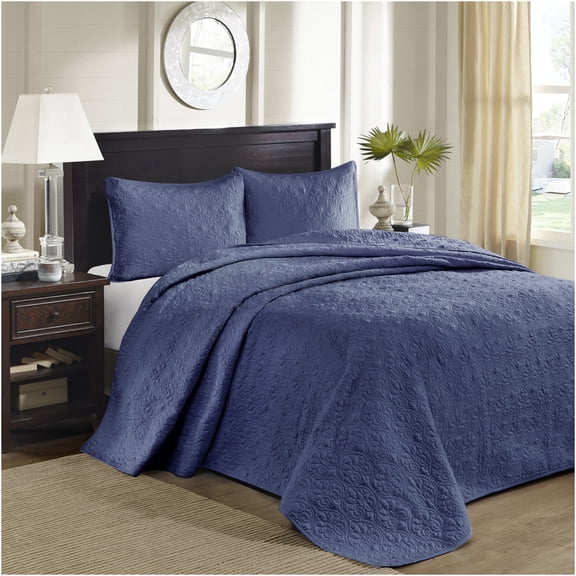 JERFIT Reversible King Size Bedspread Set with Sham Covers, Navy Blue, Cottage Style Quilted Bedding, Antimicrobial, Oversized