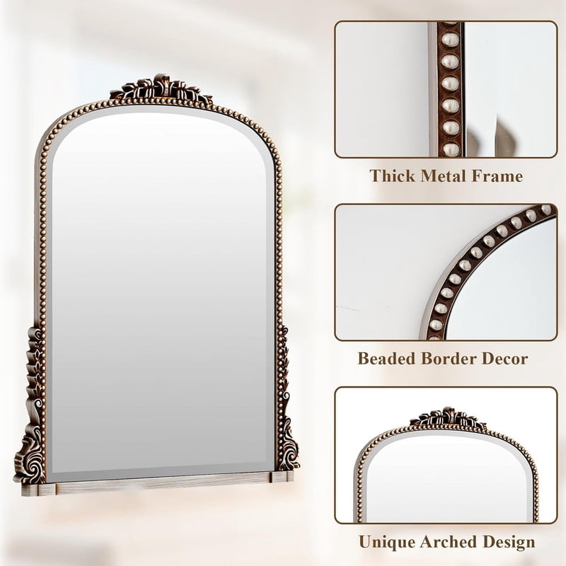 Gleamira 32"x 24" Antique Arched Bathroom Mirror Vanity Mirror Decor Wall Mirror, Antique Silver