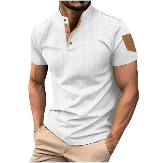 Mens Manga Corta Botón Abajo Camisas con Bolsillo, Color Sólido Botón de Cuello de Pie Blusa para el Ocio Y Casual