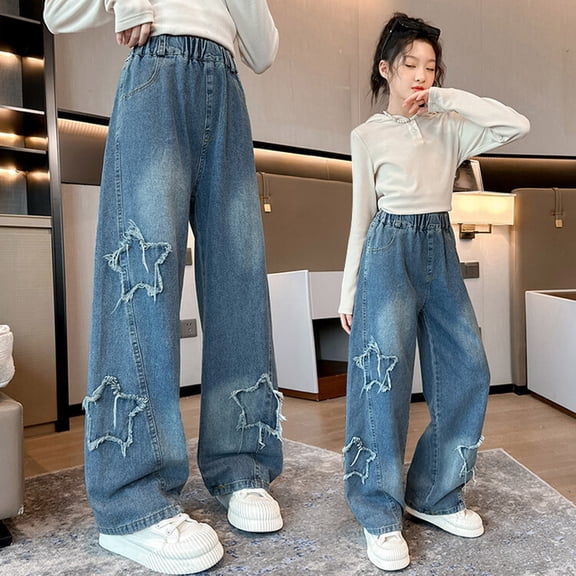 Girls Jeans Star Jeans Girls Straight Leg Wide Leg Jeans High Waisted Girls Baggy Jeans with Pocket Little Girl Jeans 10-11 Years