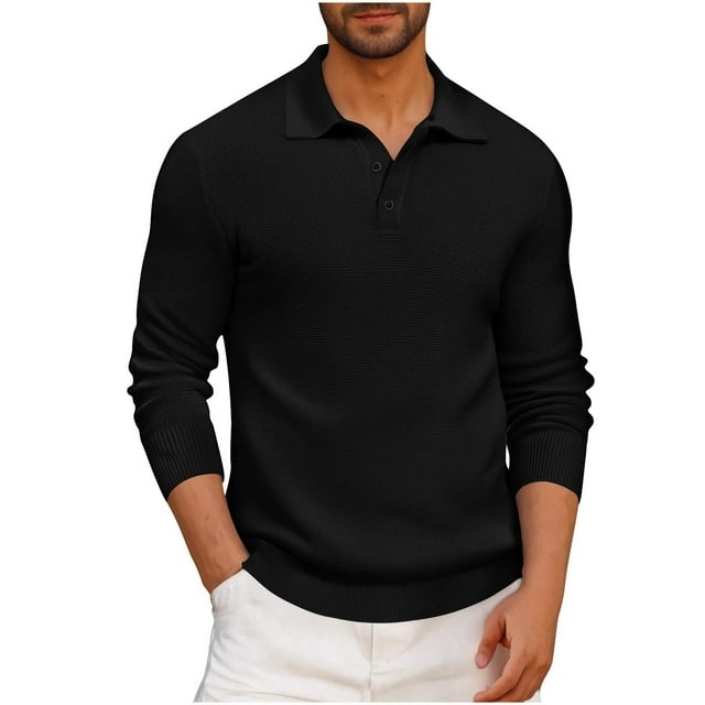 Blusa y camisa de manga larga con cuello vuelto para hombre, informal, lisa, con botones, de manga larga, con retazos, de poliéster