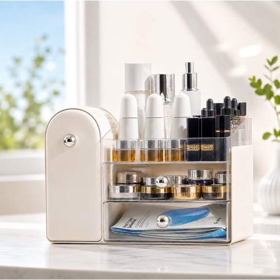 Everkeen Desktop Makeup Organizer with Dustproof Brush Holder 2 Drawers Cosmetic Storage Box Skincare & Beauty Organizer for Vanity Countertop, Bathroom, White