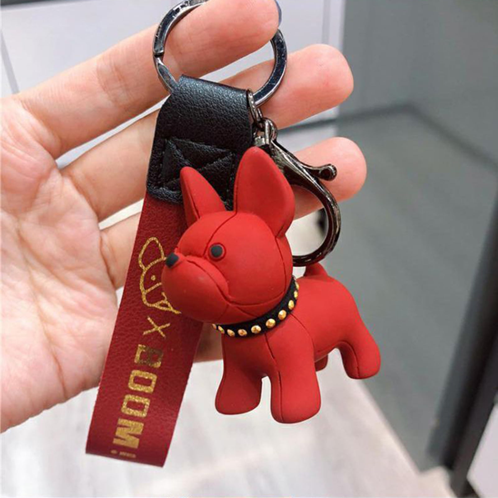 Fashion Punk French Bulldog PU Leather Dog Keychains Car Key Ring Tags Jewelry 