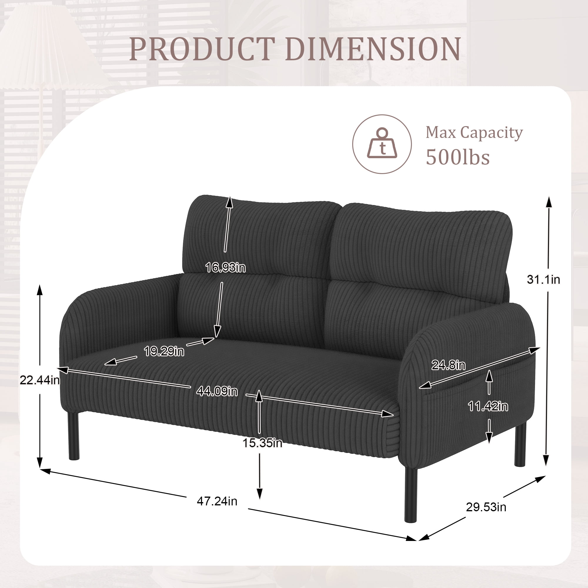 MOONMISS Corduroy Upholstered Tufted Comfortable Wood Frame Loveseats Sofa with Double Side Pocket-Gray