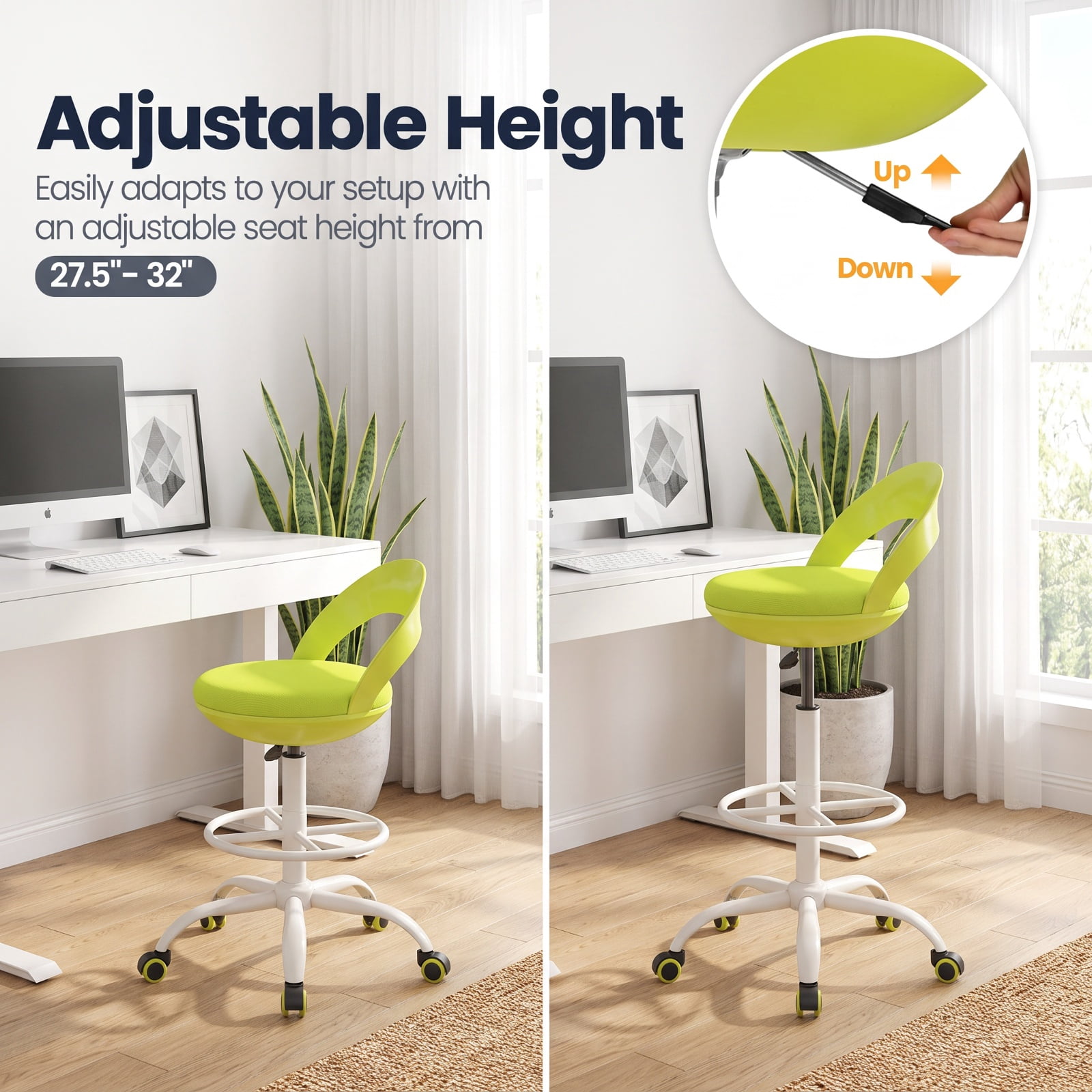 Furnibear Drafting Stool Rolling Tall Desk Chair with Wheels for Home Office Study Desk Computer Task, Green
