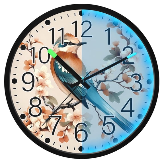 Ryvnso Birds on Flower Branches 12 Inch Night Light Wall Clock Silent Battery Operated Luminous Clocks