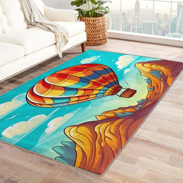 Hot Air Balloon Area Rugs for Bedroom Living Room - 6x8 ft - Colourful Carpet for Home Decor - Cartoon Patterned Decorative Indoor Large Rug - Washable & Soft & Non Slip & Low Pile (ZF&7468)