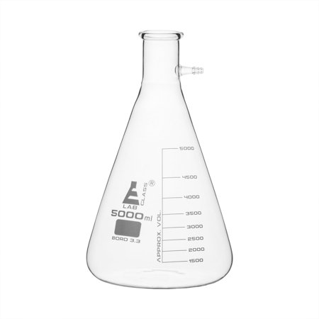Filtering Flask 5000mL - Heavy Walled Borosilicate Glass & Integral Barbed Side Arm / Inlet for Vacuum Filtration - White Graduations - Buchner Flask Erlenmeyer Flask 5L Filter Flask - Eisco Labs
