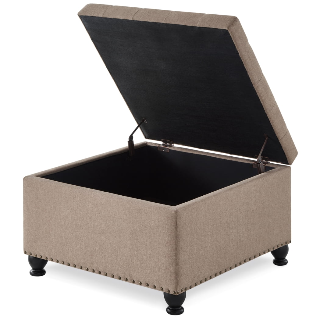 Ottoman with Storage, Large Square Coffee Table with Wooden Legs, Upholstered Button Tufted Storage Ottoman, Coffee Tables with Nail Trims for Living Room Bed Room Apartment, Linen