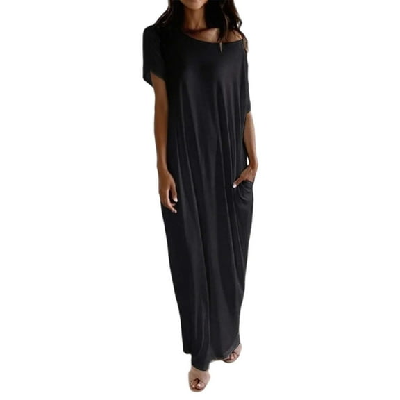 XIAOCHA Womens Pocket Design Maxi Dress Oversized Dolman Sleeve Boat Neck Gown Silky Minimalist Loungewear Dresses