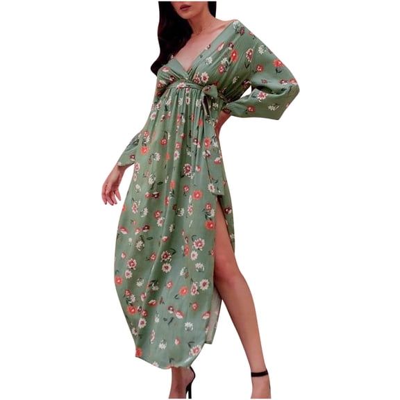 Women Pleated Long Dress Long Sleeve Lapel Lace-Up Waist Maxi Dresses Tie-in Belted Dress Floral Print Flowy Swing Dress