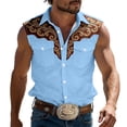 thumbnail image 4 of Mens Shirts Western Cowboy Print Geometric Sleeveless Summer Casual Button Down Collar Top Outdoor Music Festival Light Blue Shirt, 4 of 4