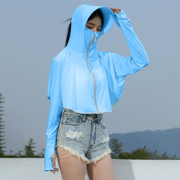 YgkuHd Women's UPF Sun Protection Cropped Hoodie - Full Zip Long Sleeve with Face Mask & Brim for Outdoor Summer,Light Blue_Style 1