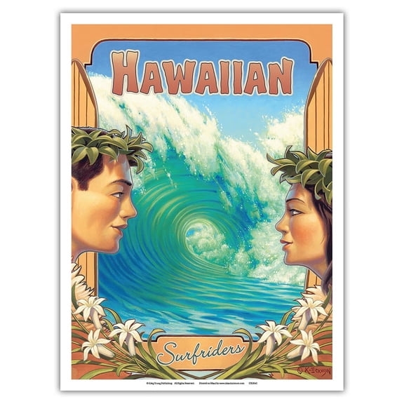 Hawaiian Surfriders - Hawaii Hula Dancers - Vintage Hawaiian Travel Poster by Kerne Erickson - Master Art Print (Unframed) 9in x 12in