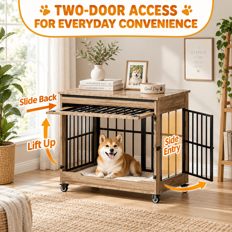 42" Large Dog Crate Furniture, Wooden Indoor Dog Kennel with Double Doors, Removable Privacy Curtain & Lockable Wheels, Decorative Pet Cage End Table for Large Breed Dogs