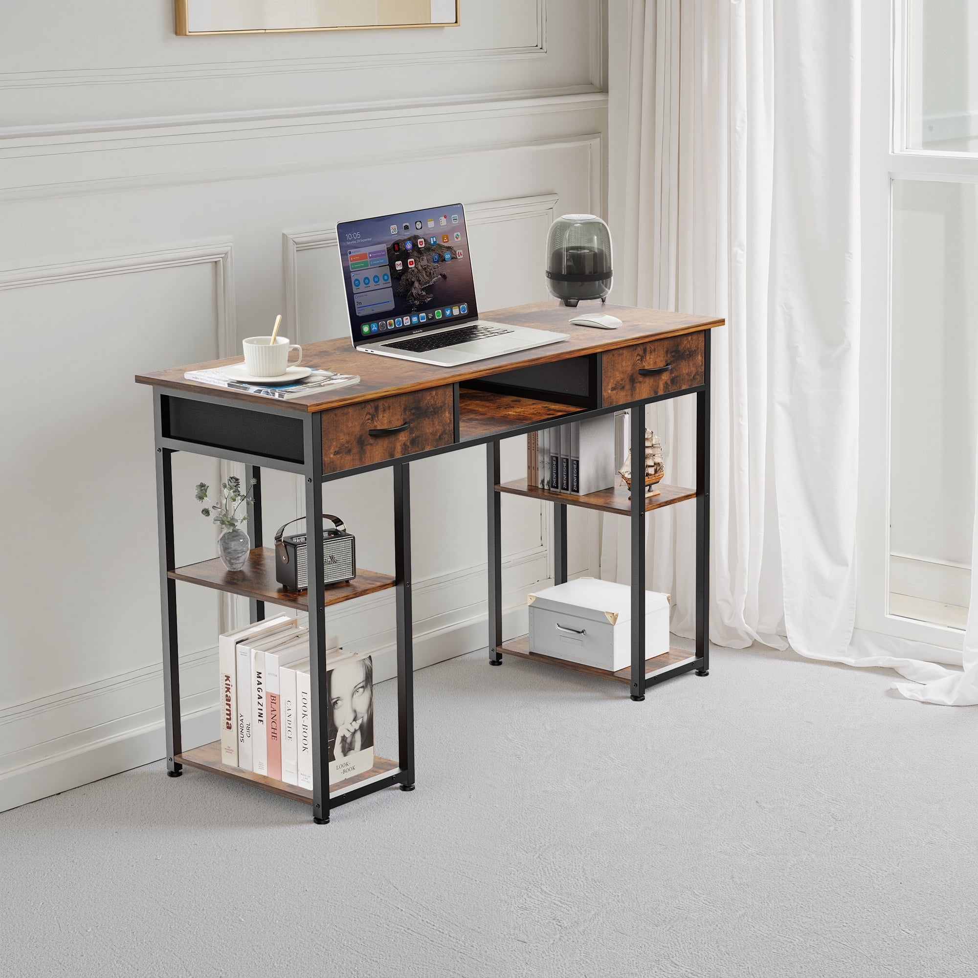 MAYEERTY 48in Adjustable Small Computer Desk, Metal Writing Study Table with Storage and Headphone Hook, Home Office