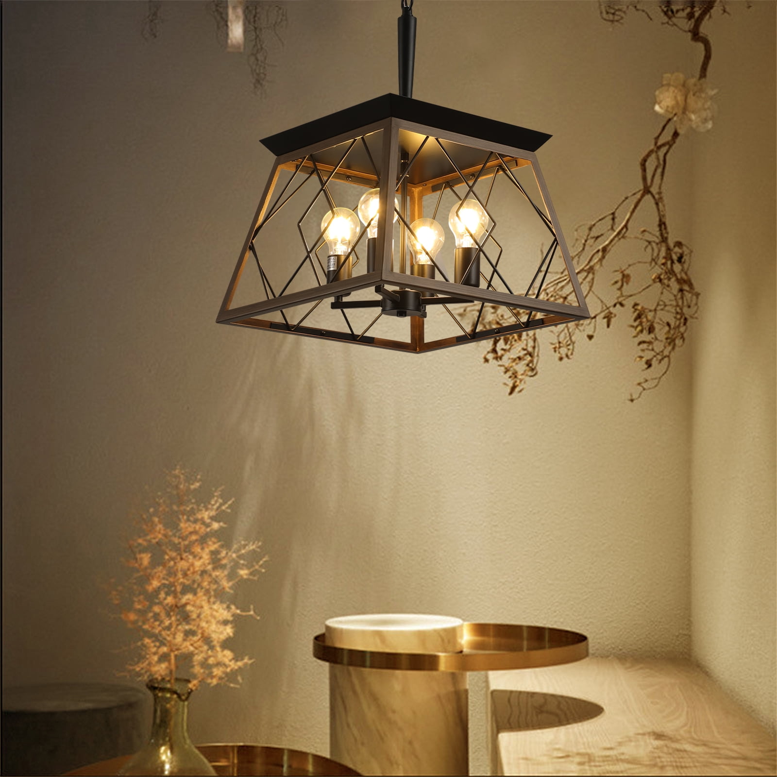 4-Light Farmhouse Vintage Chandelier, Rustic Pendant Light, with Faux Wood Finish, Adjustable Chain Industrial Fixture for Dining Room, Foyer, Kitchen Island, Walnut E26 Base