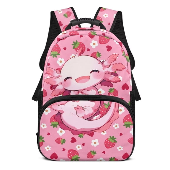 Yuyamidu Strawberry Axolotl Backpacks for High School Pink Book Bag with Front Pocket & Side Pockets Girls Schoolbags Large Capacity Bookbags