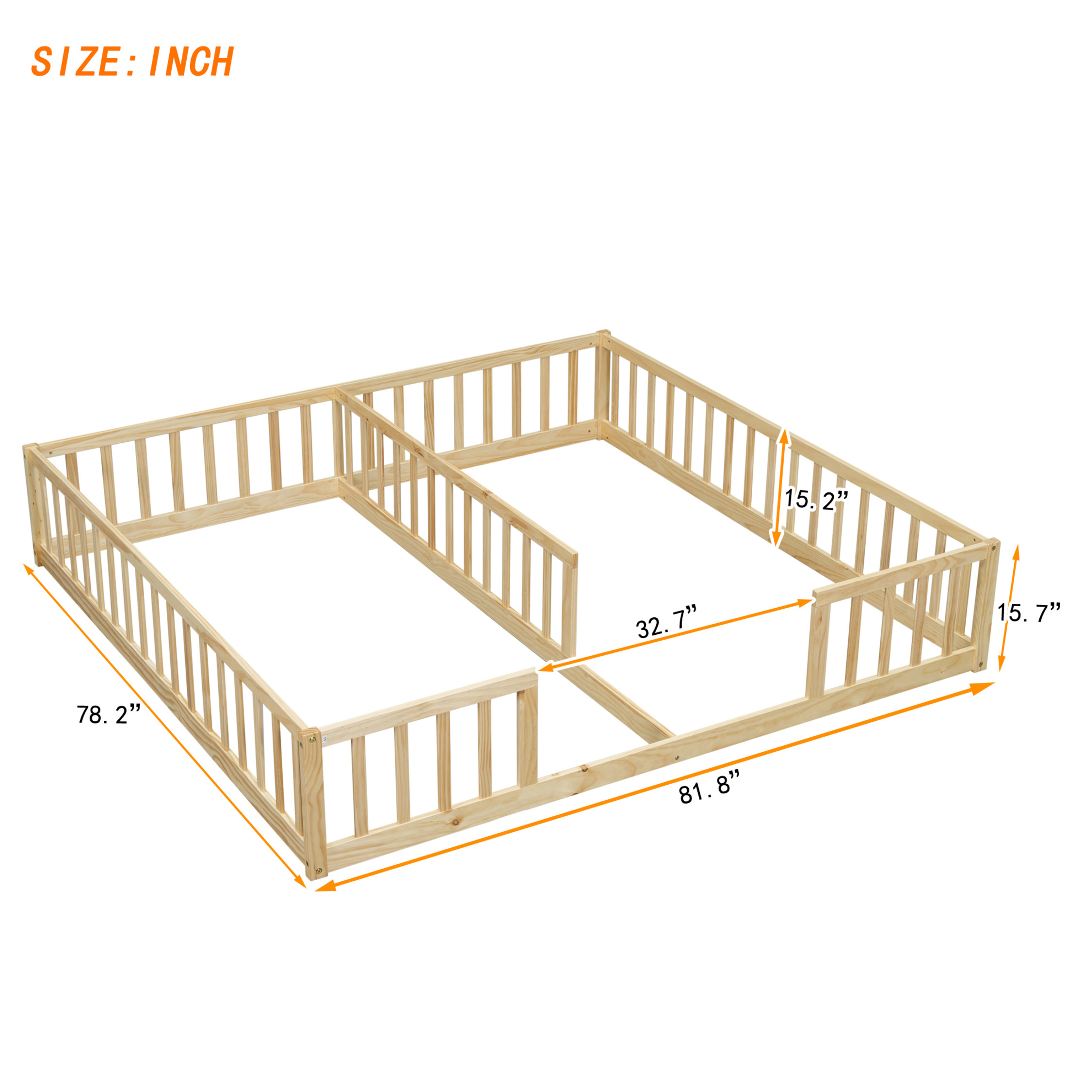 Noble House Finbar Double Twin Floor Bed with Fence Guardrails, Pine and Engineered Wood Frame for Kids, Natural