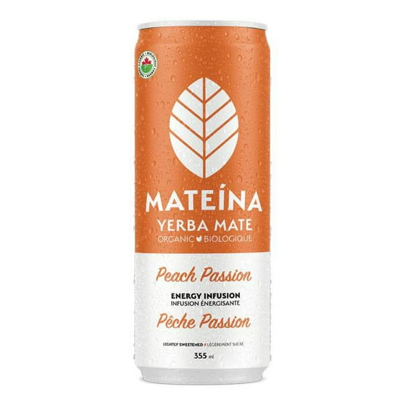 Mateina Yerba Mate - Boisson Énergisante à Base de Plantes Peach Passion Bio, 355ml